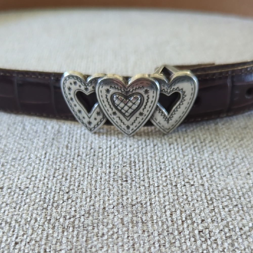 Brighton Dark Brown Leather Belt with Triple Heart Silver Buckle